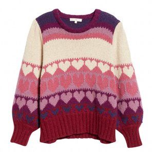 LoveShackFancy Prune/Multicolor Shirelle Heart Balloon-Sleeve Pullover Sweater
